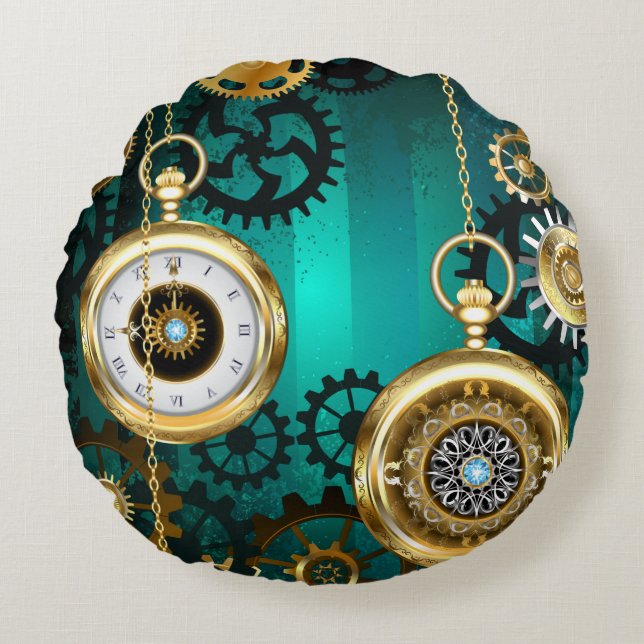 Steampunk Jewelry Watch on a Green Background Round Pillow (Front)