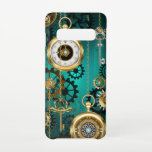 Steampunk Jewelry Watch on a Green Background Samsung Galaxy S10 Case<br><div class="desc">Jewelry,  gold watch with a gold chain and keys on a green textural background. Steampunk style.</div>