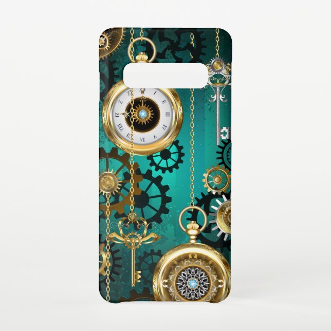 Steampunk Jewelry Watch on a Green Background Samsung Galaxy Case (Back)