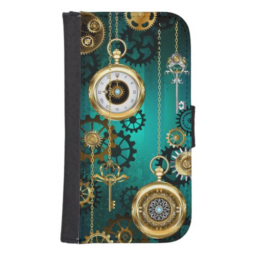 Steampunk Jewelry Watch on a Green Background Galaxy S4 Wallet Case