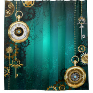 Steampunk Jewelry Watch on a Green Background Shower Curtain