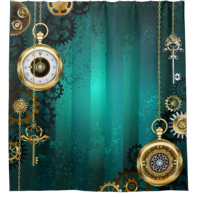 Steampunk Jewelry Watch on a Green Background Shower Curtain (Front)