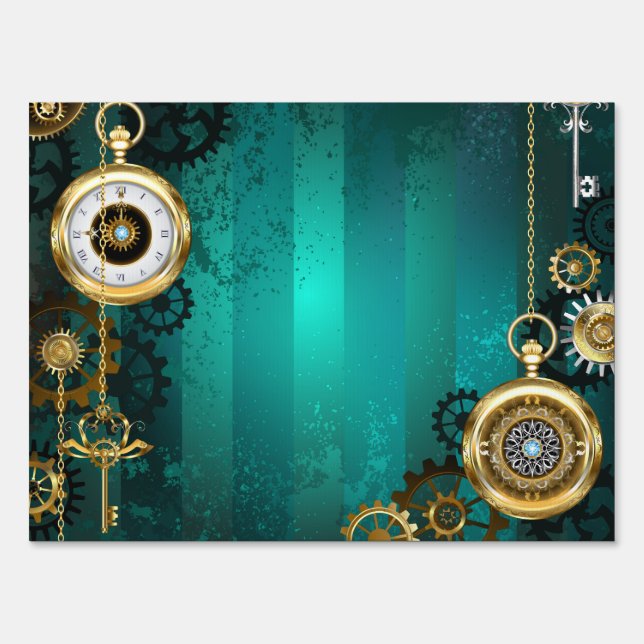 Steampunk Jewelry Watch on a Green Background Sign (Front)