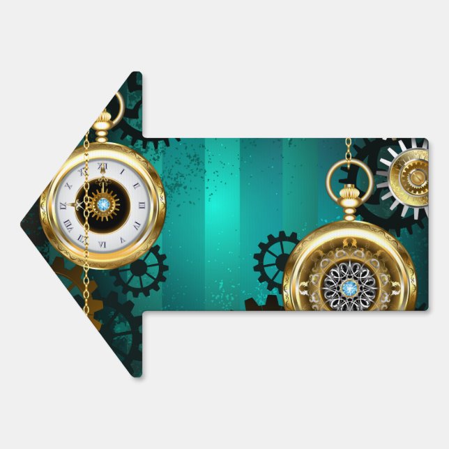 Steampunk Jewelry Watch on a Green Background Sign (Front)