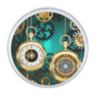 Steampunk Jewelry Watch on a Green Background Silver Finish Lapel Pin
