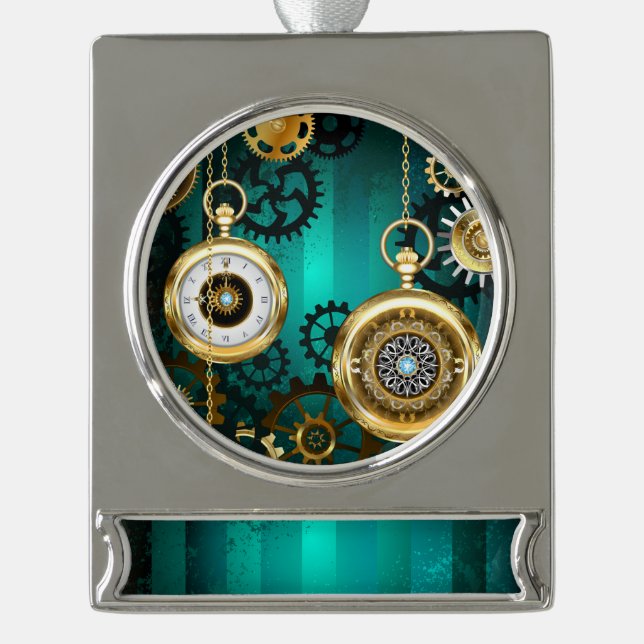 Steampunk Jewelry Watch on a Green Background Silver Plated Banner Ornament (Front)