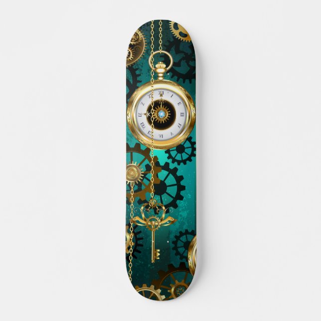 Steampunk Jewelry Watch on a Green Background Skateboard (Front)