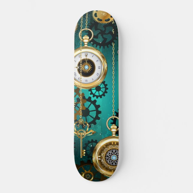 Steampunk Jewelry Watch on a Green Background Skateboard (Front)