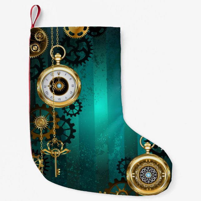 Steampunk Jewelry Watch on a Green Background Small Christmas Stocking (Front)