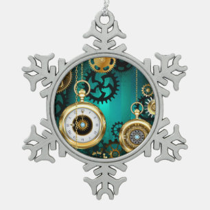 Steampunk Jewelry Watch on a Green Background Snowflake Pewter Christmas Ornament
