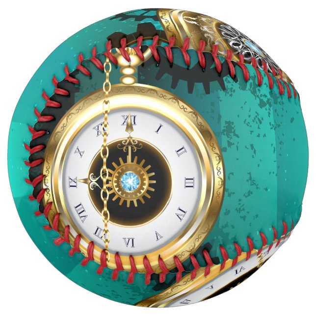 Steampunk Jewelry Watch on a Green Background Softball (Front Left)