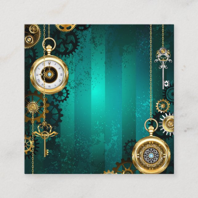 Steampunk Jewelry Watch on a Green Background Square Business Card (Front)