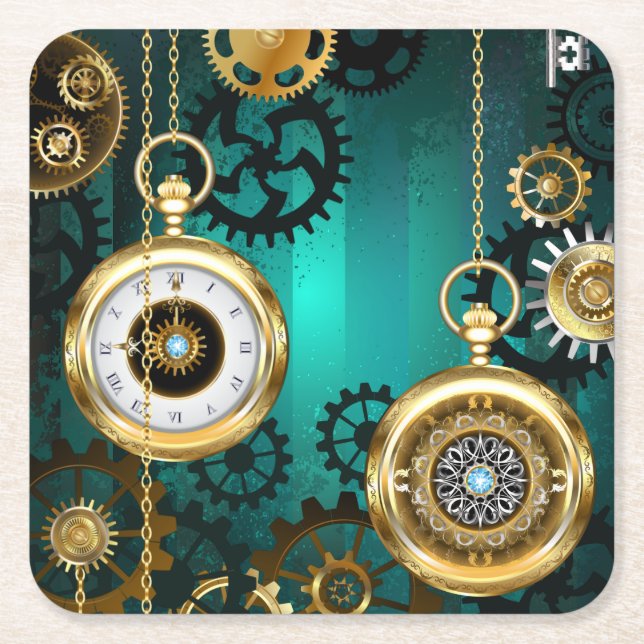 Steampunk Jewelry Watch on a Green Background Square Paper Coaster (Front)