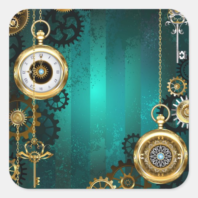Steampunk Jewelry Watch on a Green Background Square Sticker (Front)