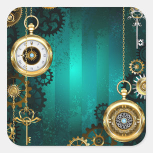 Steampunk Jewelry Watch on a Green Background Square Sticker