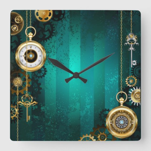 Steampunk Jewelry Watch on a Green Background Square Wall Clock