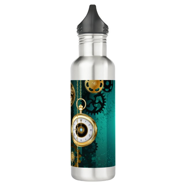 Steampunk Jewelry Watch on a Green Background Stainless Steel Water Bottle (Left)