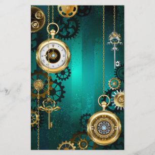 Steampunk Jewelry Watch on a Green Background Stationery