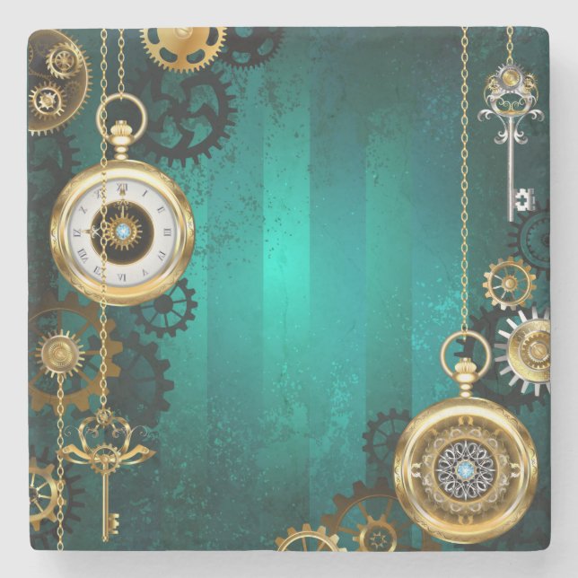 Steampunk Jewelry Watch on a Green Background Stone Coaster (Front)