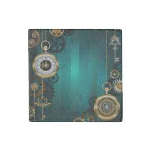 Steampunk Jewelry Watch on a Green Background Stone Magnet