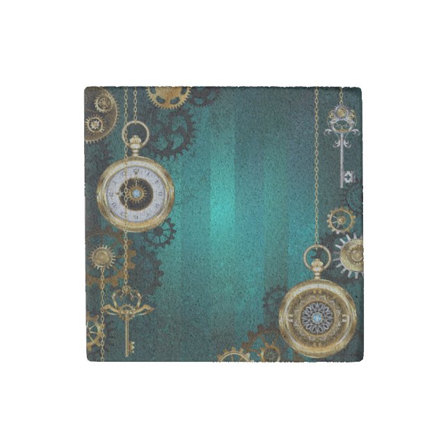 Steampunk Jewelry Watch on a Green Background Stone Magnet (Front)