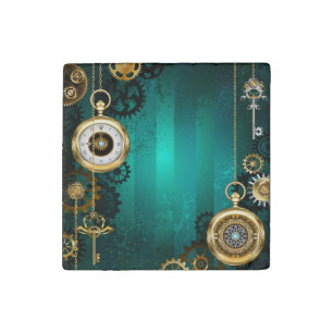 Steampunk Jewelry Watch on a Green Background Stone Magnet