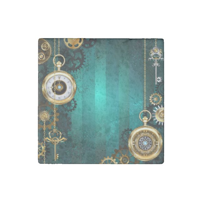 Steampunk Jewelry Watch on a Green Background Stone Magnet (Front)