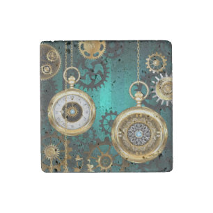 Steampunk Jewelry Watch on a Green Background Stone Magnet