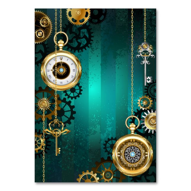 Steampunk Jewelry Watch on a Green Background Table Number (Front)