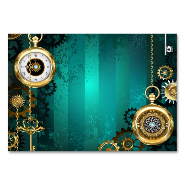 Steampunk Jewelry Watch on a Green Background Table Number (Front)
