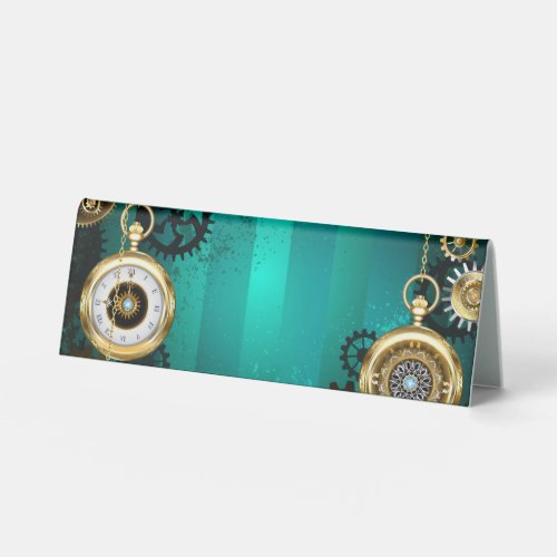 Steampunk Jewelry Watch on a Green Background Table Tent Sign