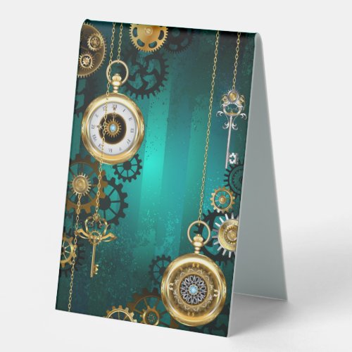 Steampunk Jewelry Watch on a Green Background Table Tent Sign