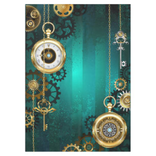 Steampunk Jewelry Watch on a Green Background Tablecloth