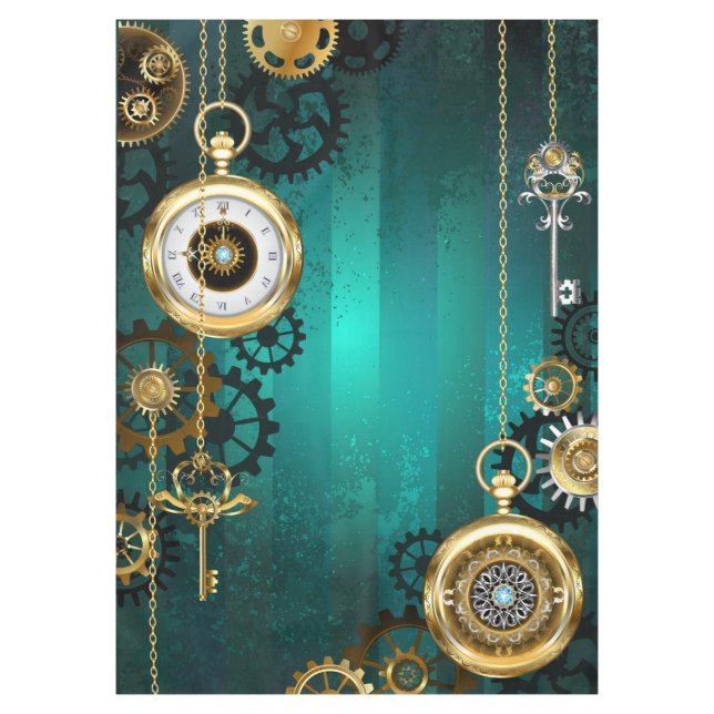 Steampunk Jewelry Watch on a Green Background Tablecloth (Front)