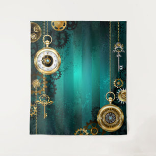 Steampunk Jewelry Watch on a Green Background Tapestry