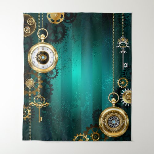 Steampunk Jewelry Watch on a Green Background Tapestry