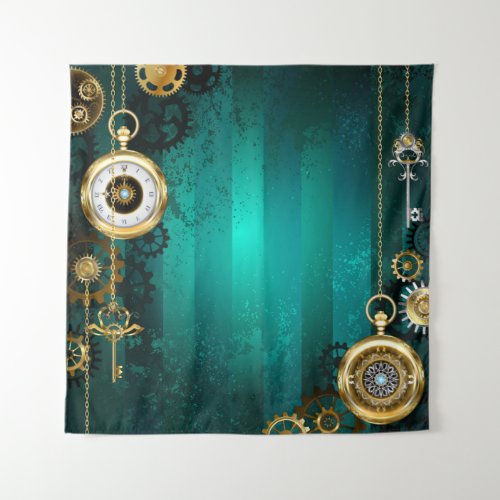 Steampunk Jewelry Watch on a Green Background Tapestry