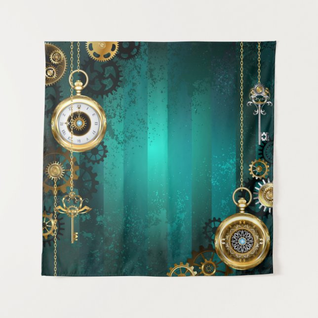 Steampunk Jewelry Watch on a Green Background Tapestry (Front)