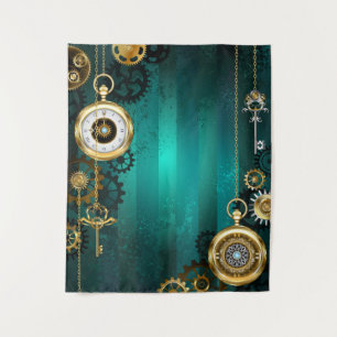 Steampunk Jewelry Watch on a Green Background Tapestry