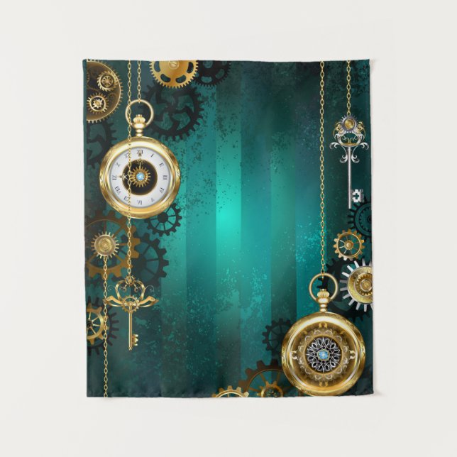 Steampunk Jewelry Watch on a Green Background Tapestry (Front)