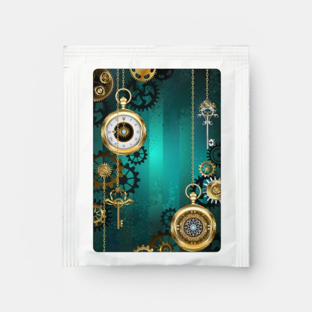 Steampunk Jewelry Watch on a Green Background Tea Bag Drink Mix (Front)