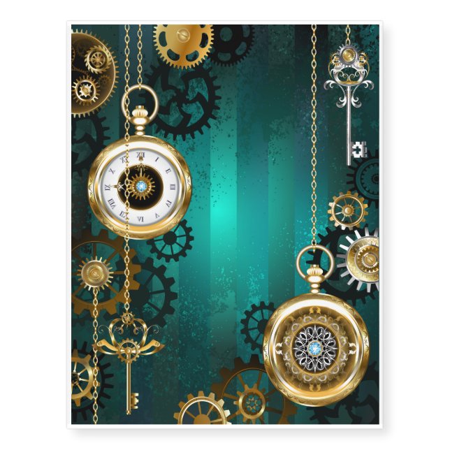 Steampunk Jewelry Watch on a Green Background Temporary Tattoos (Front)