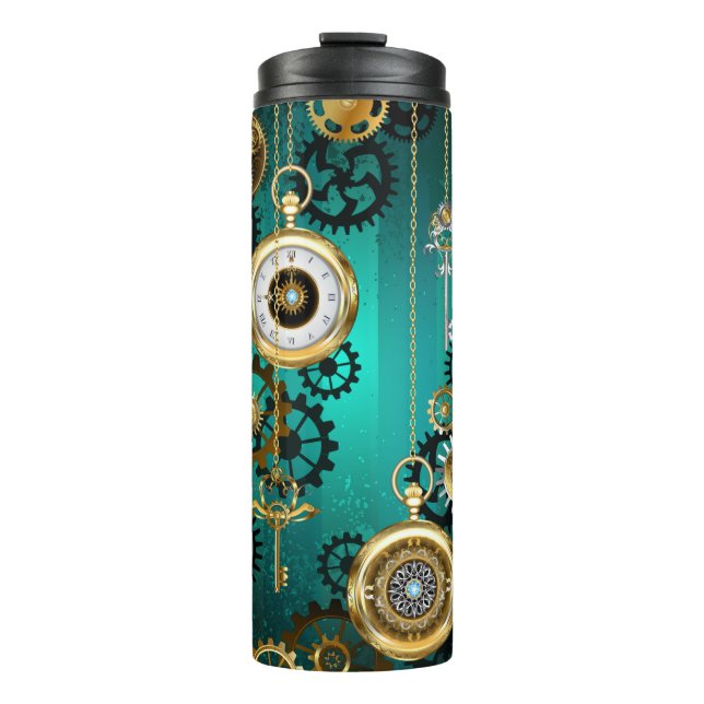 Steampunk Jewelry Watch on a Green Background Thermal Tumbler (Front)