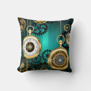 Steampunk Jewelry Watch on a Green Background Throw Pillow
