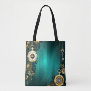 Steampunk Jewelry Watch on a Green Background Tote Bag