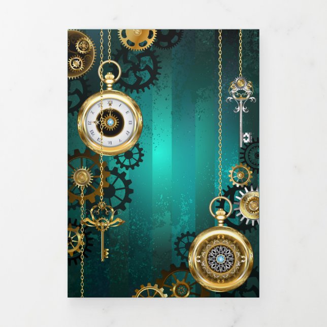 Steampunk Jewelry Watch on a Green Background Tri-Fold Announcement (Cover)