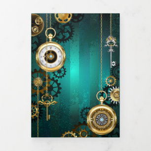 Steampunk Jewelry Watch on a Green Background Tri-Fold Card