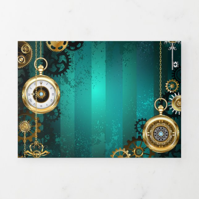 Steampunk Jewelry Watch on a Green Background Tri-Fold Holiday Card (Cover)
