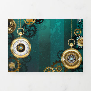 Steampunk Jewelry Watch on a Green Background Tri-Fold Invitation