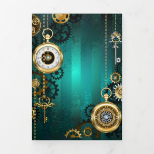 Steampunk Jewelry Watch on a Green Background Tri-Fold Invitation